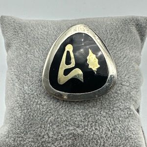 Mexico‎ 925 Sterling Silver - Vintage Inlaid Black Onyx Design Brooch Pin#163